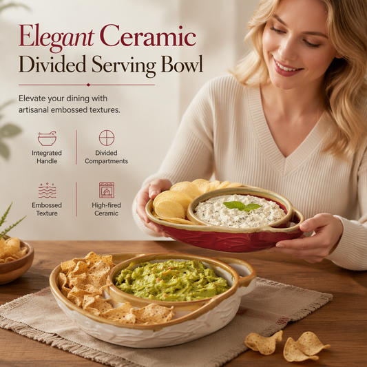 Retro Embossed Ceramic Divided Baking & Serving Dish | Single Handle, Oven & Dishwasher Safe for Meals, Dips & Holiday Gatherings