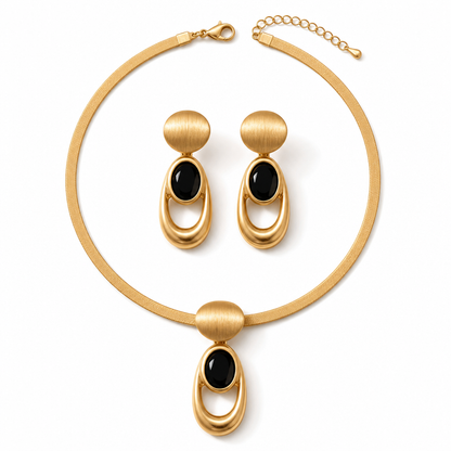 📢📢 50% OFF✨ Vintage Choker & Earring Set – Brushed Gold-Tone Finish & Black Stone Accents for Elegant Evenings